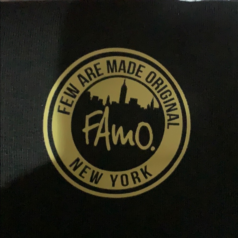 Black famo joggers with gold lettering